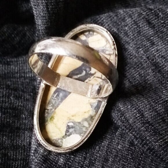 HUGE! Minimalist Maligano Jasper Ring 925 Sz 9.25! Sandy Beige Gray Color Scheme - Picture 9 of 12
